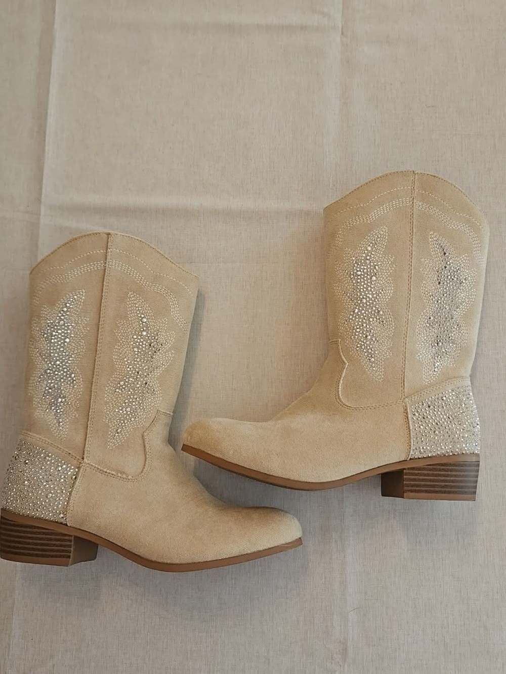 Women's Beige Suede Western Boots with Crystal Detail